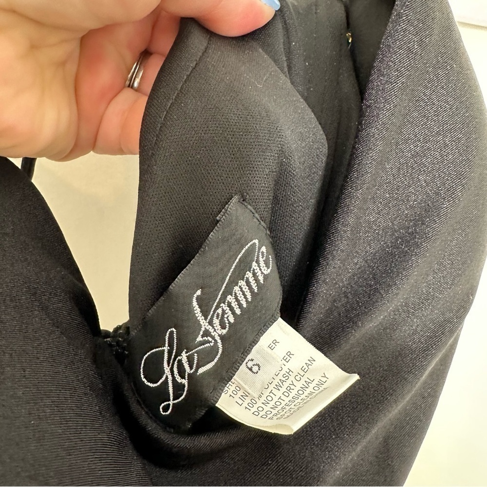 La Femme Black Cross Back Satin Jersey Trumpet Gown Size 6 - Picture 8 of 9